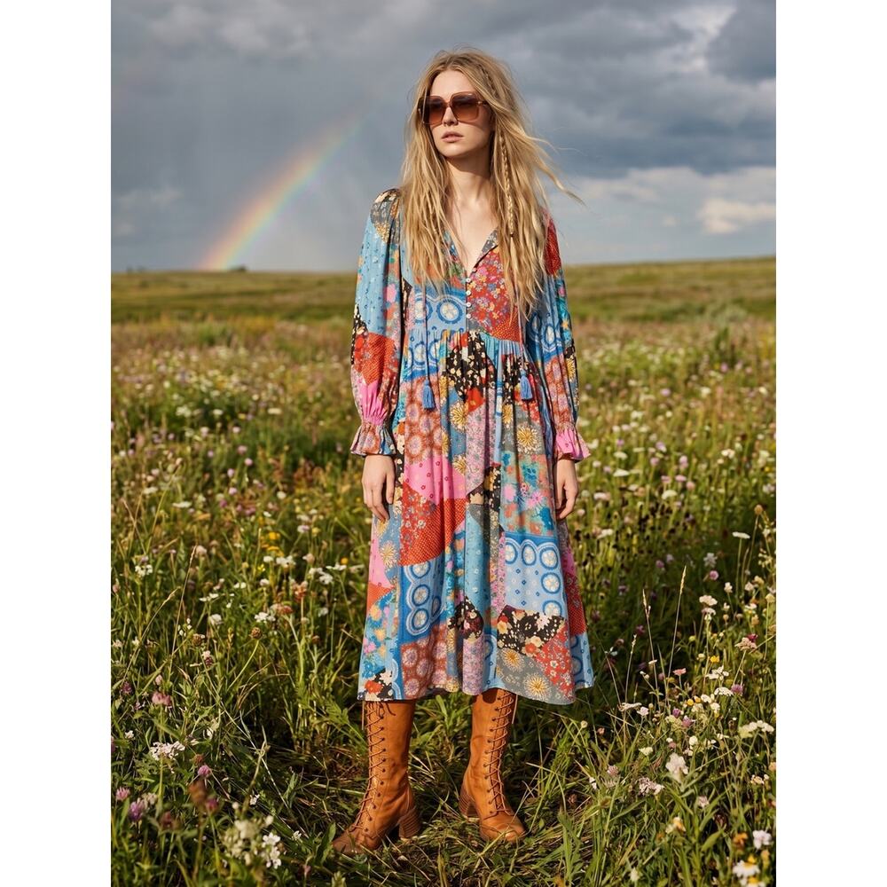 Spell & the Gypsy Bohemian Patchwork 70s Witchy Cha Cha Maxi Dress Size Small - Picture 2 of 16